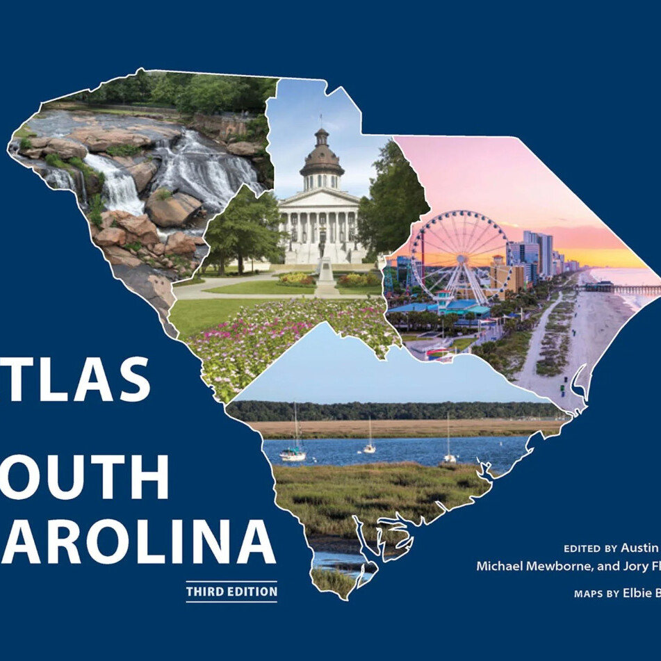 An illustrated map of South Carolina filled with photos of natural and urban landmarks, including waterfalls, the state capitol, a ferris wheel, marshes, and wildflowers. Text reads Atlas of South Carolina, Third Edition.