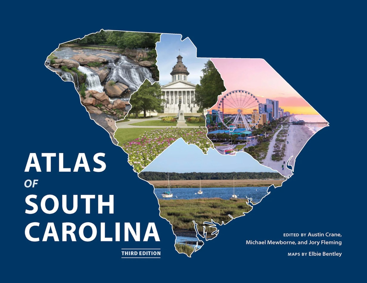 An illustrated map of South Carolina filled with photos of natural and urban landmarks, including waterfalls, the state capitol, a ferris wheel, marshes, and wildflowers. Text reads Atlas of South Carolina, Third Edition.